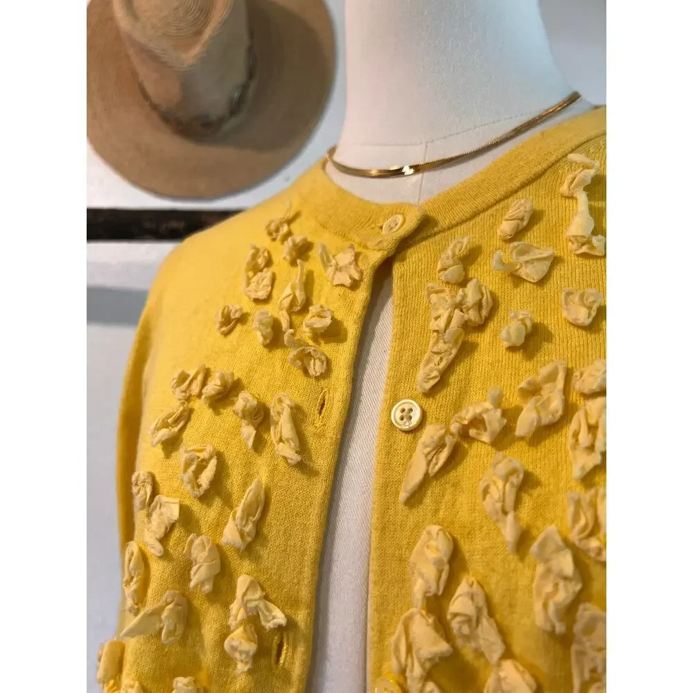 J.Crew Yellow Cashmere Cotton Embellished Button Front Cardigan Sweater Size XS